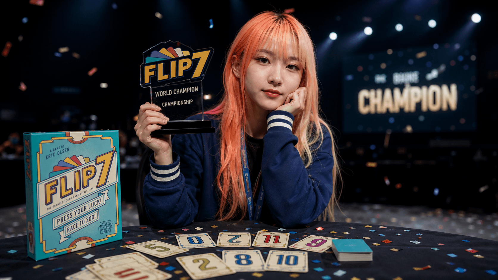 Portrait of Suannai Jun with Flip 7 cards and box after the final match.