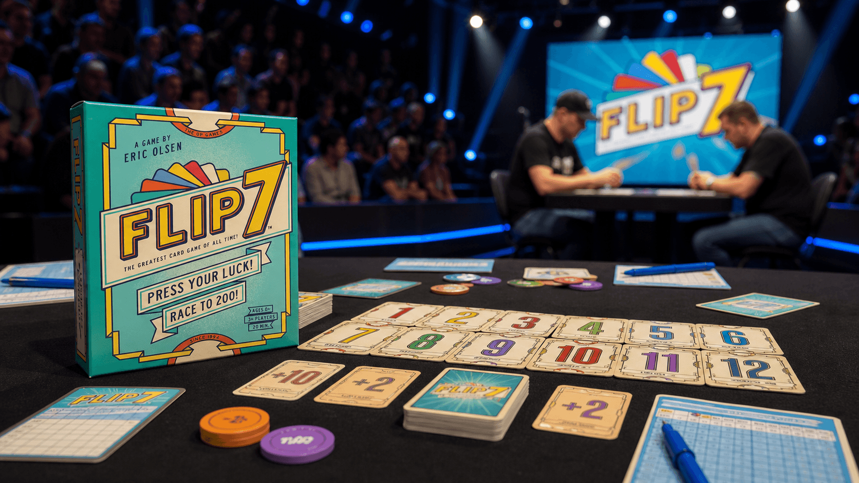 Flip 7 final table with the box, score pads, and numbered cards arranged for the championship.