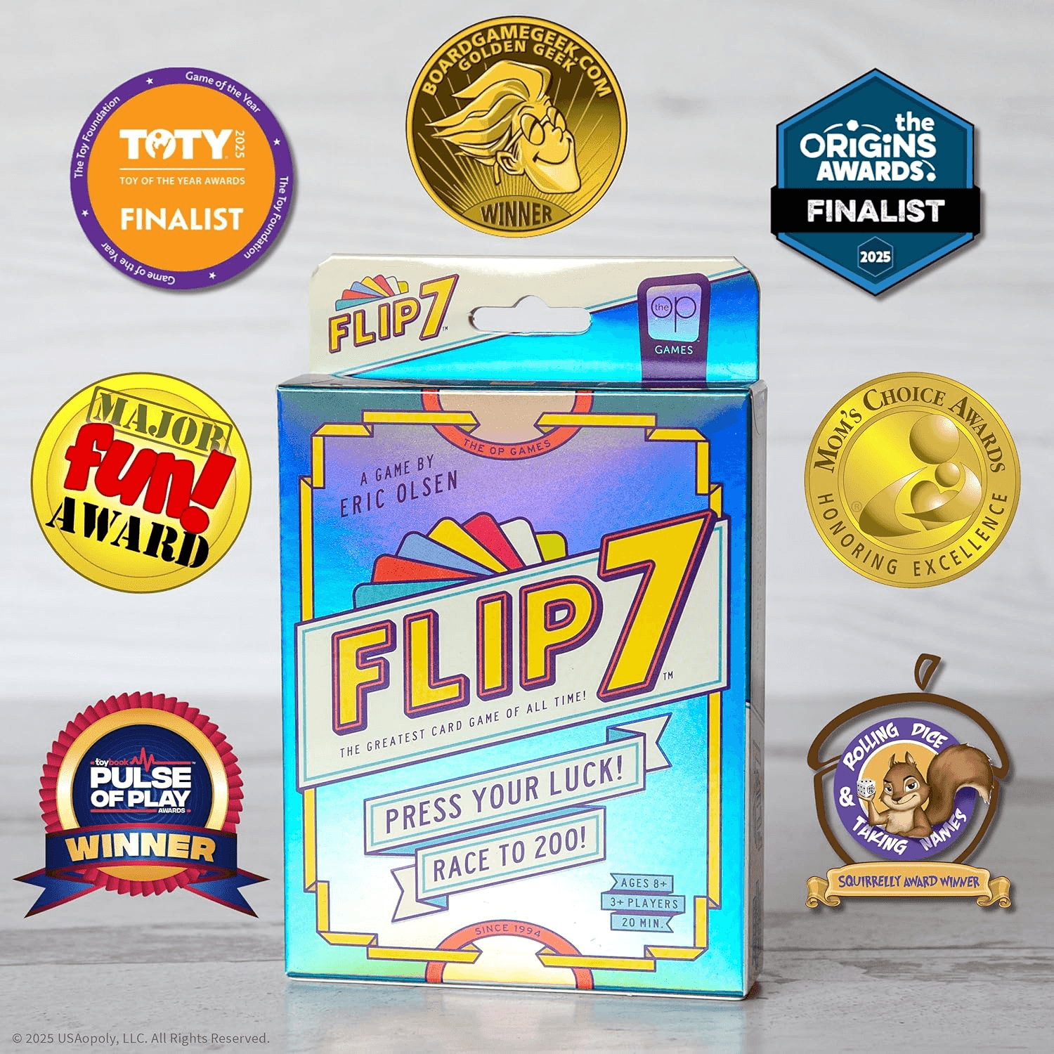 Flip 7 product box presented with multiple award badges.