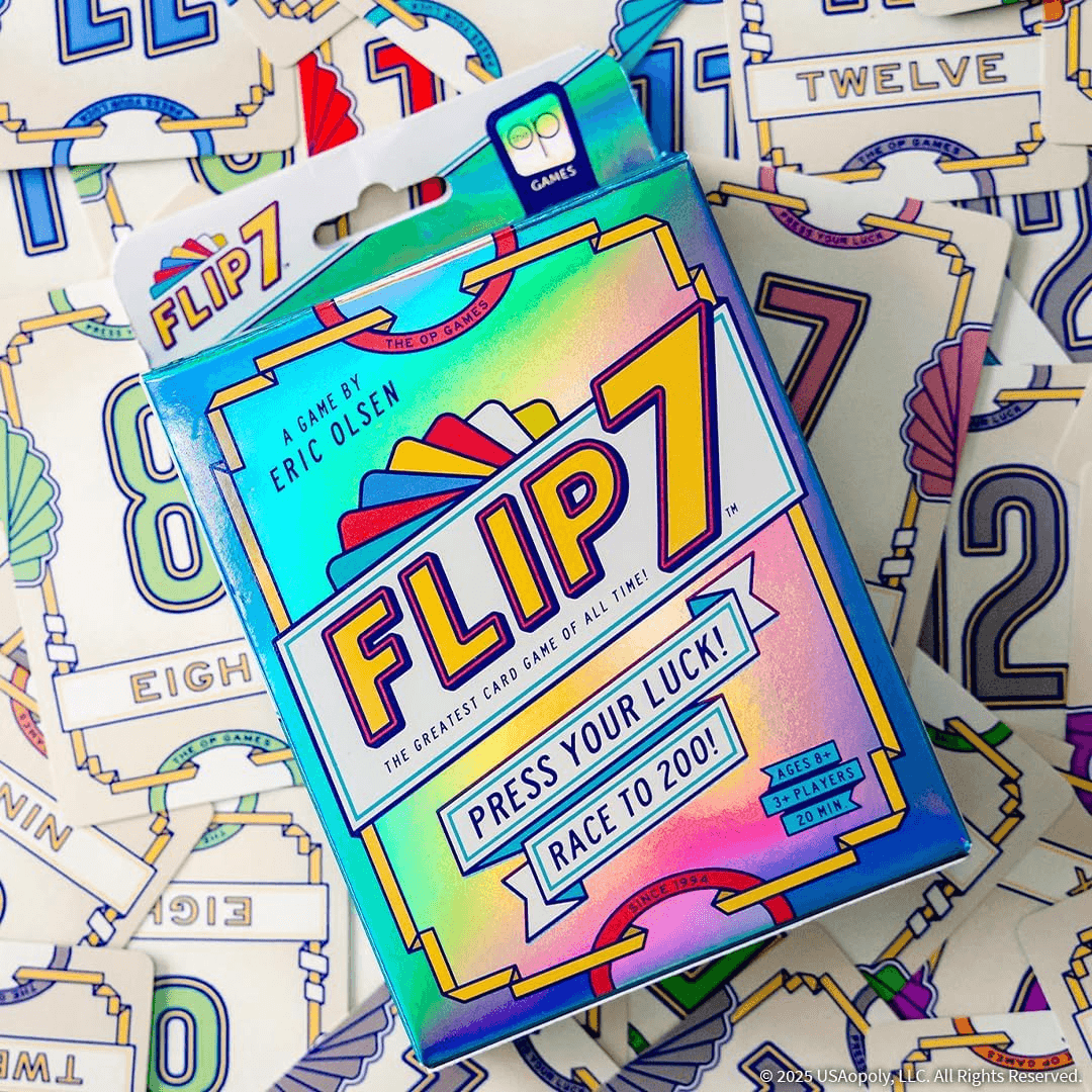 Flip 7 box art with holographic teal finish and logo.
